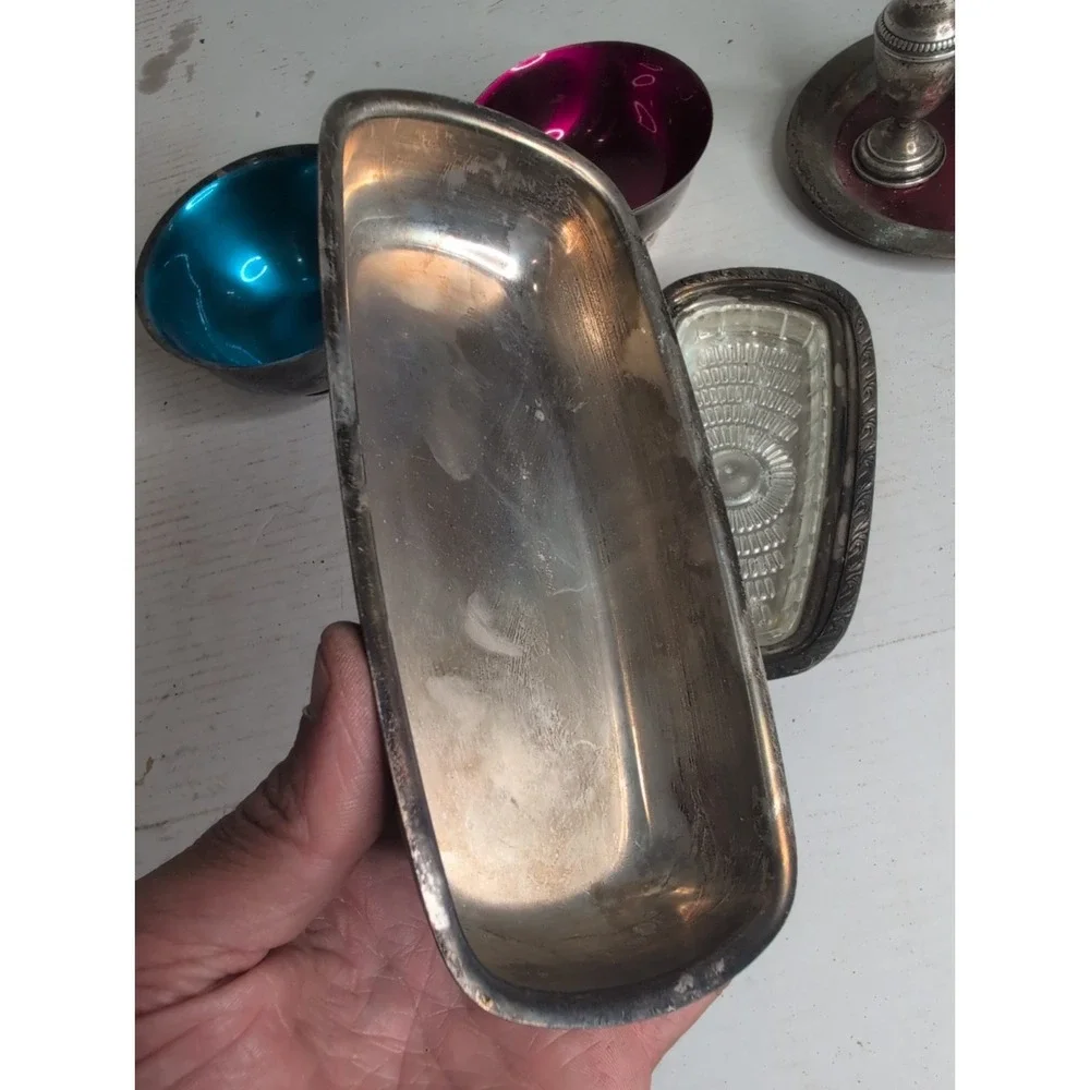 Mixed Lot Of Vtg Silver Dishes Butter w/ Lid, Salt Pepper Shakers Newport Oneida